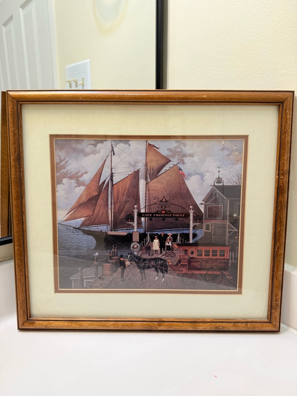 Framed Coastal Harbor Print in Brown and Cream